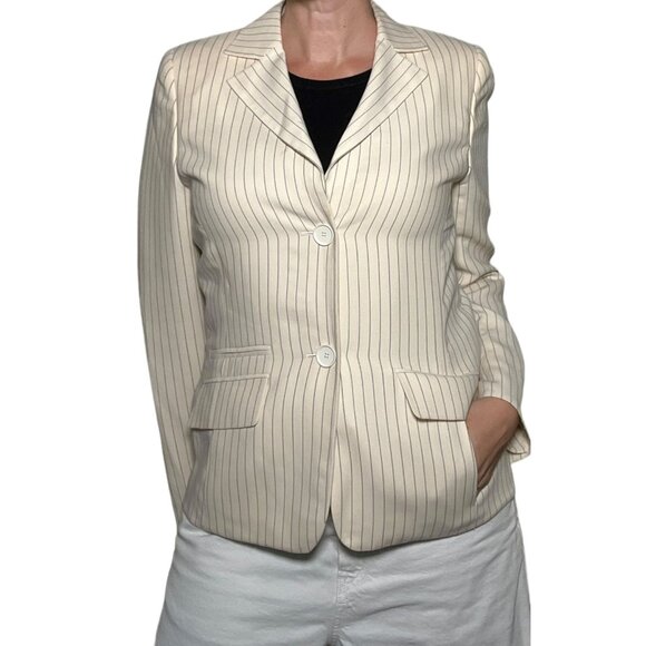 Akris Wool Blend Pinstripe 2-Button Blazer Ivory Cream Black Classic Size 10 - Picture 4 of 16